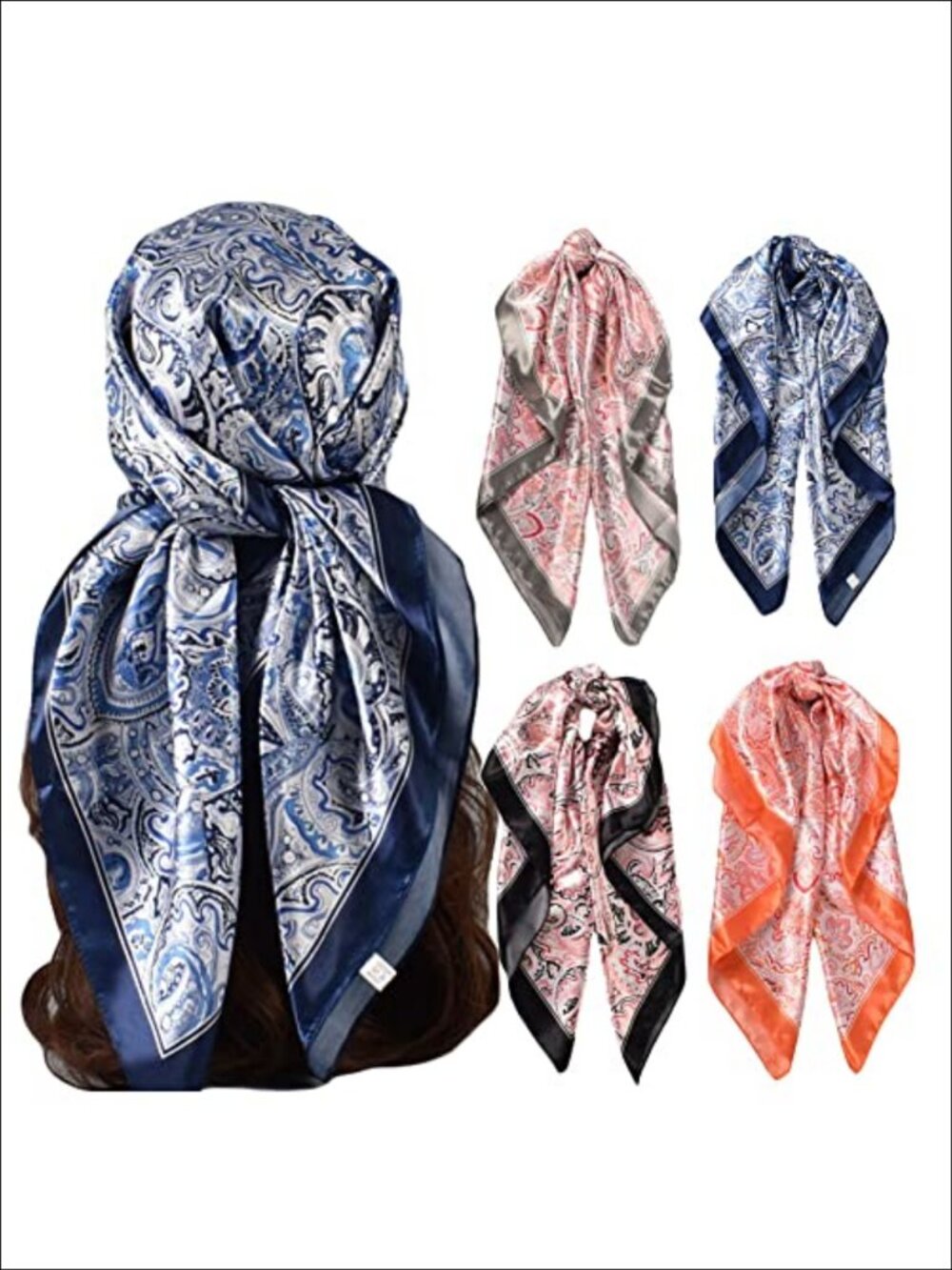 4Pc 35" Large Square Silk Feel Polyester Head Scarves Satin Hair Scarf Bandana